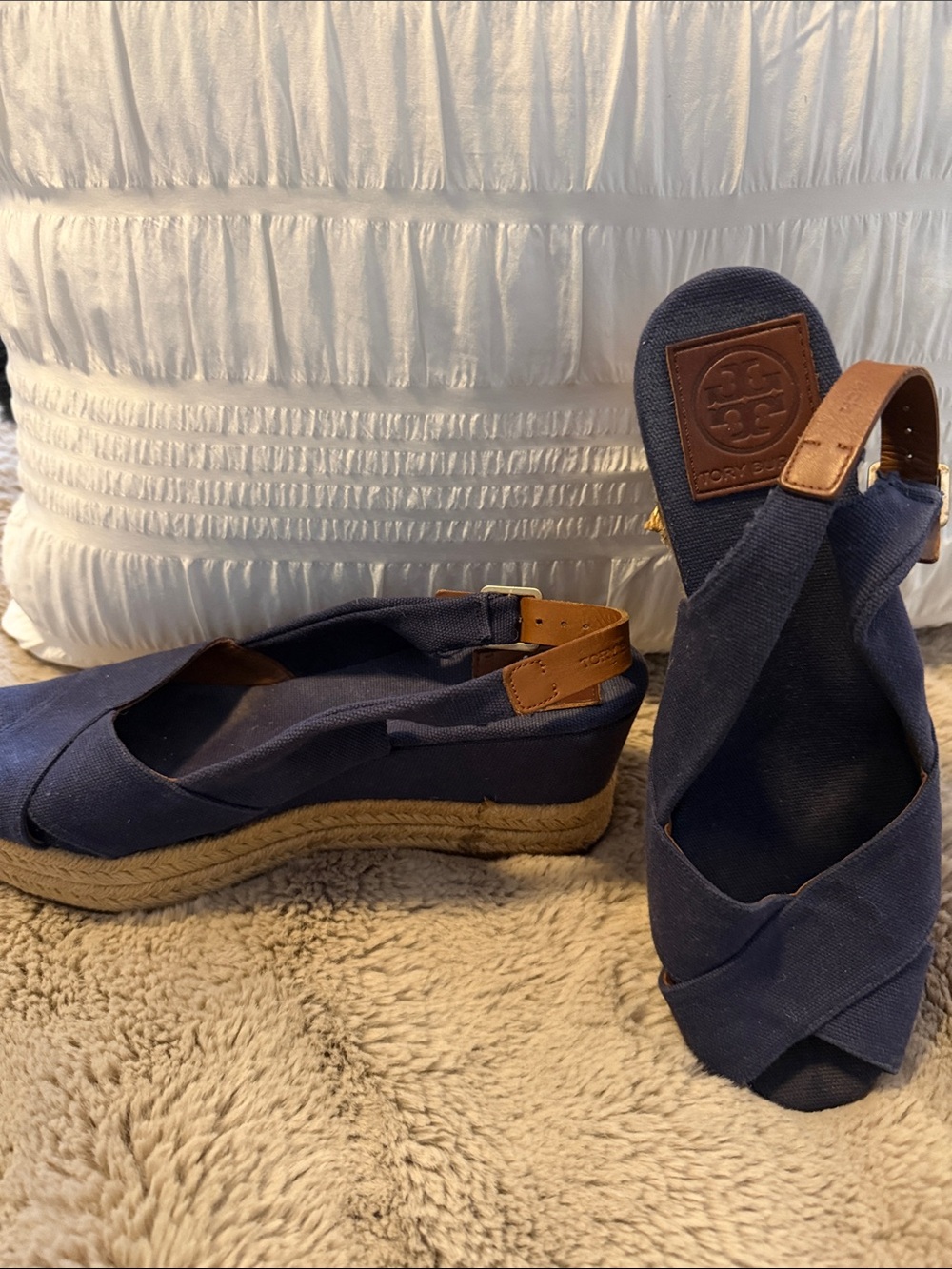 Tory Burch Navy Canvas Espadrille Wedge Sandals with Tan Leather Accents